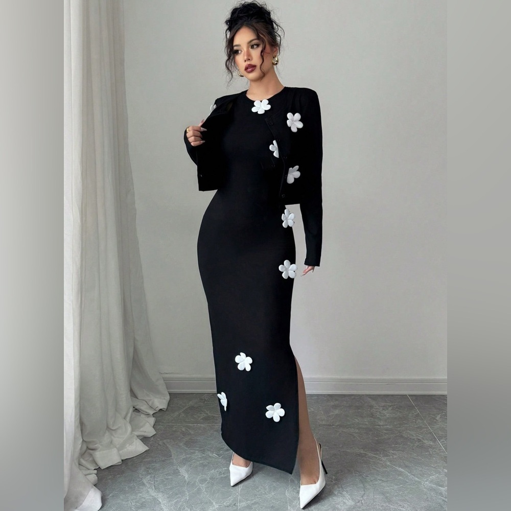 Floral Applique Cardigan & Bodycon Dress Set